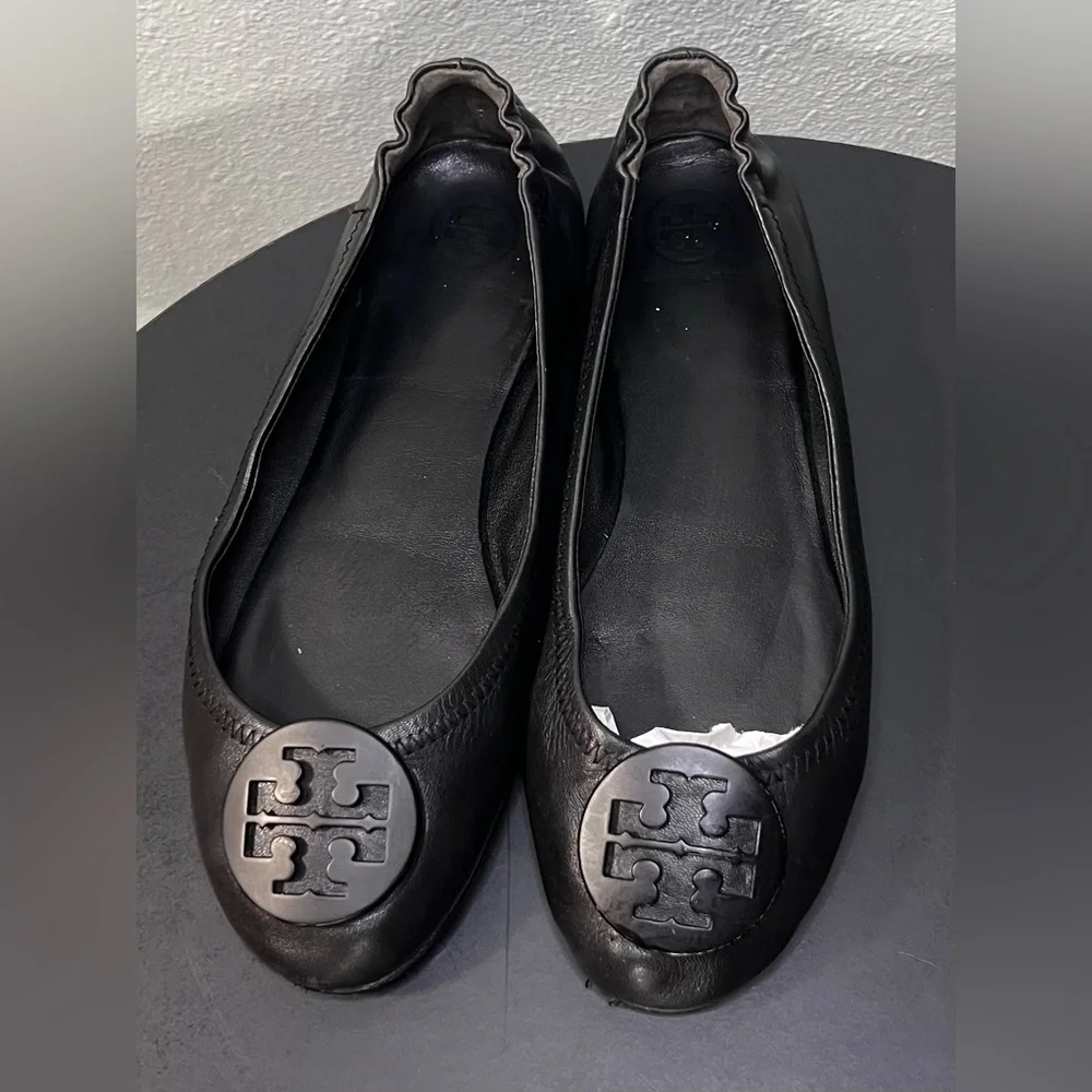 Tory Burch Black Leather Reva Travel Ballet Flats Casual Classic Office Business